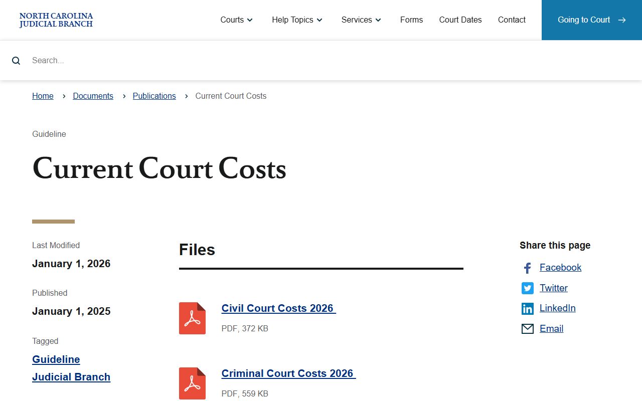 Perquimans County Clerk of Superior Court current court costs page