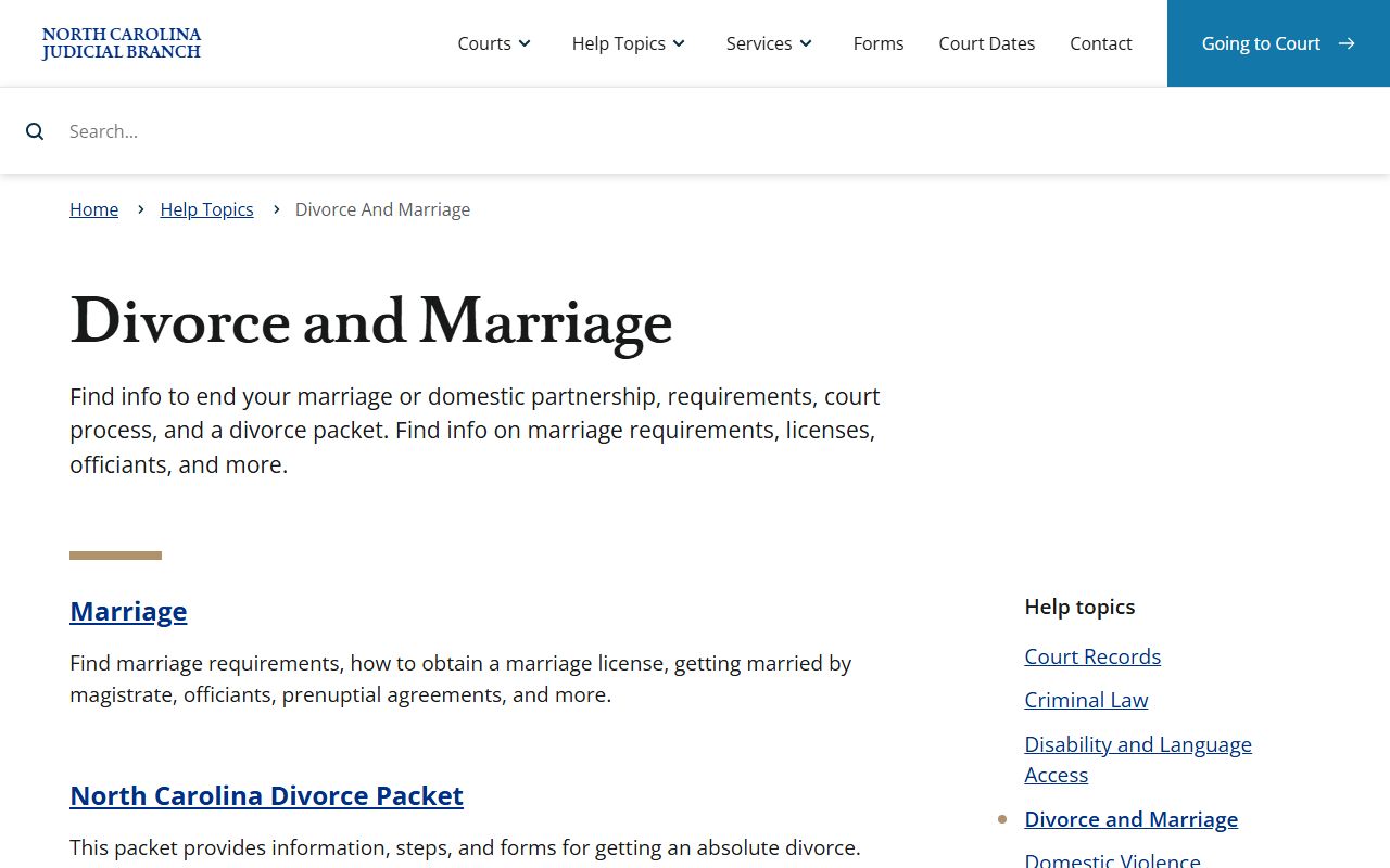 Perquimans County Clerk of Superior Court divorce and marriage help topic