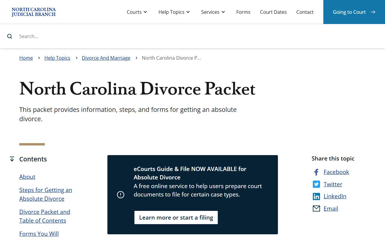 Perquimans County Clerk of Superior Court absolute divorce packet resource