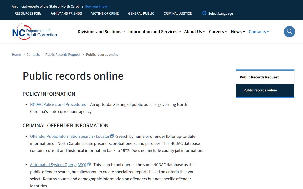 Perquimans County arrest records NC DAC public records limits