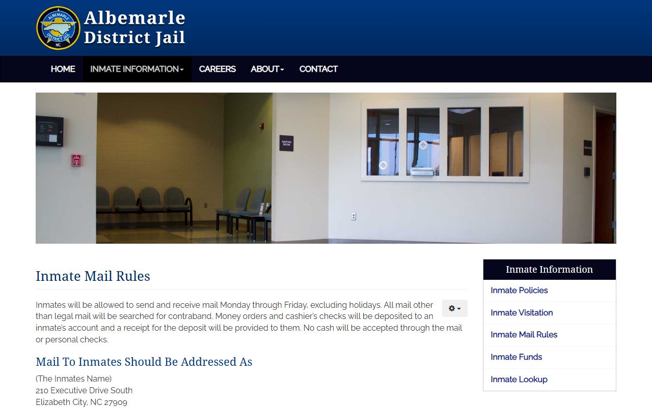 Perquimans County inmate mail rules and Albemarle District Jail address