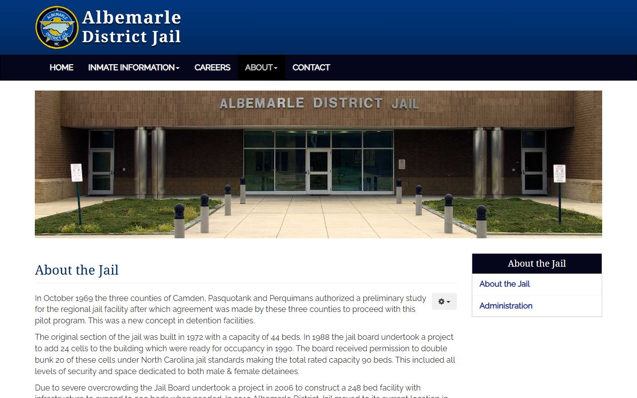 Perquimans County inmate jail history and Albemarle District Jail capacity