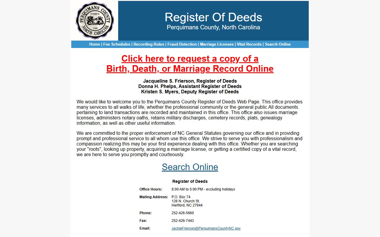 Perquimans County marriage records Register of Deeds public site