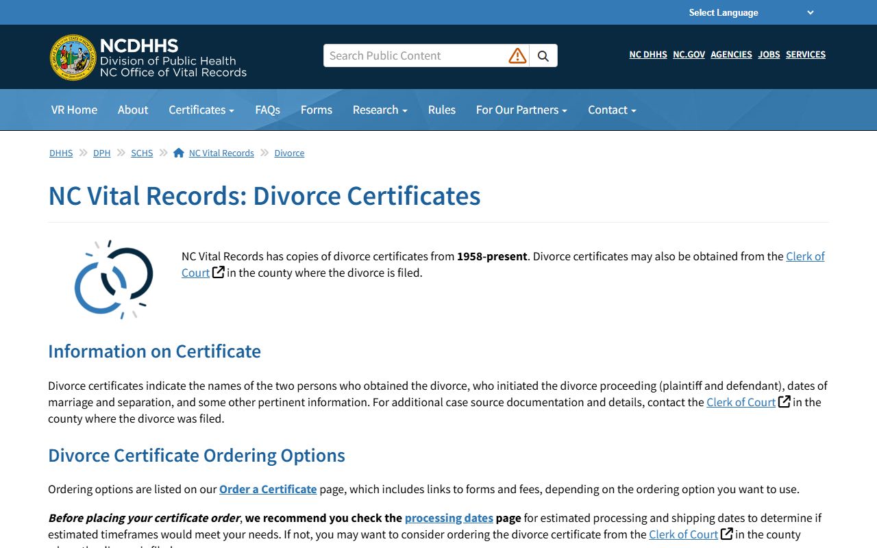 Perquimans County divorce records and North Carolina Vital Records divorce certificates