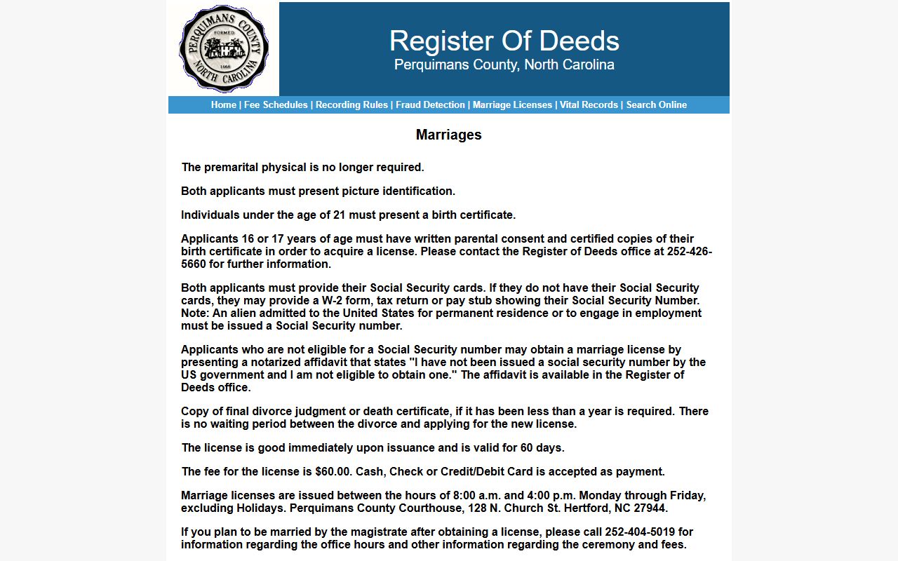 Perquimans County marriage records application and license requirements