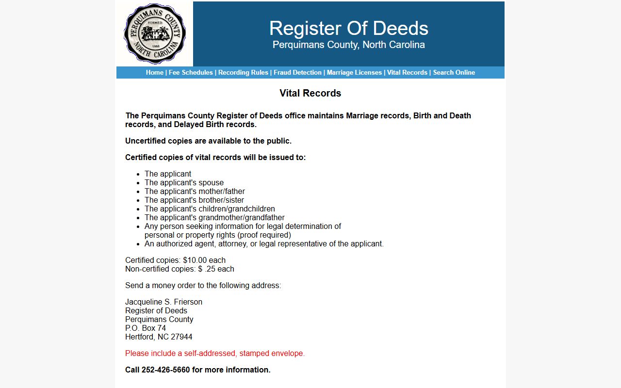 Perquimans County marriage records vital-record copy request