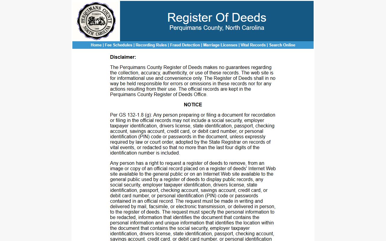 Perquimans County probate records distinction from Register of Deeds online search
